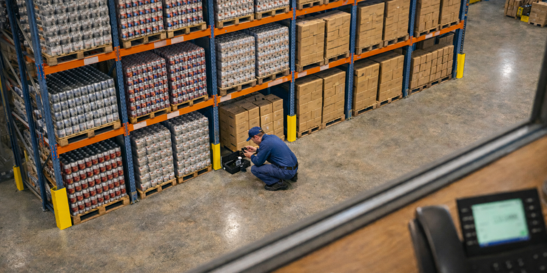 Warehouse overview — supervisor observing trap check