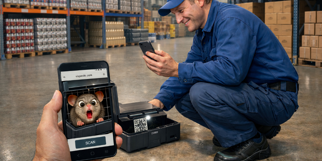 Worker scanning trap with rodent — audit-ready upload