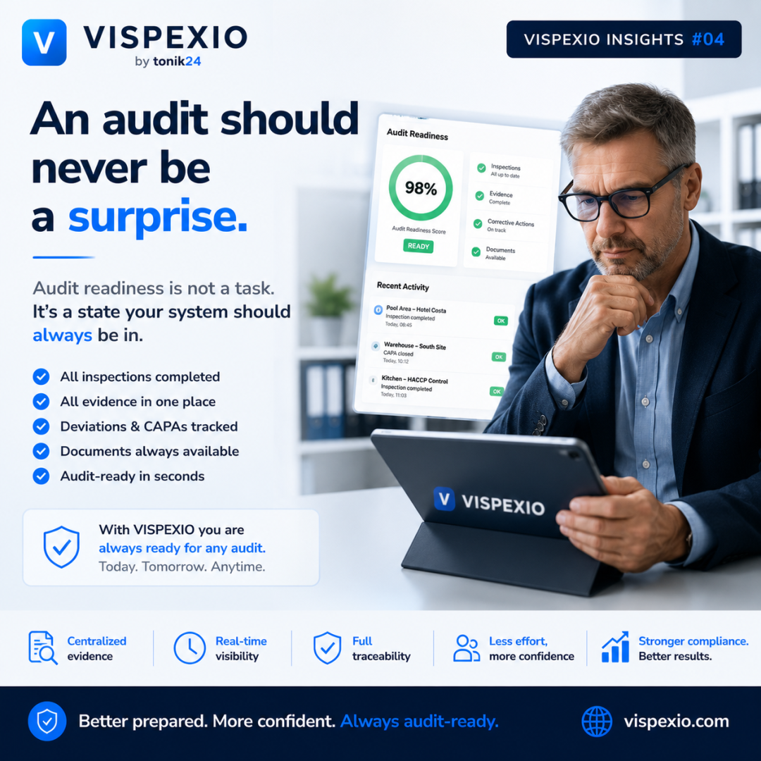 VISPEXIO-Audit-Readiness-Dashboard mit vollständigen Kontrollen, Nachweisen und Korrekturmaßnahmen.