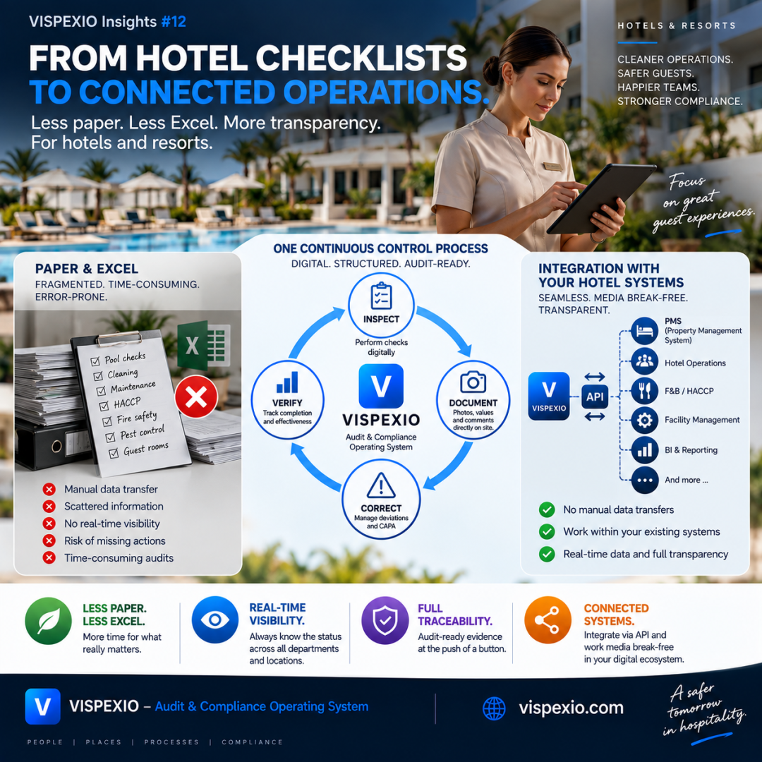VISPEXIO-Hotelkontrollprozess mit Kontrollen, Nachweisen, CAPA, Wirksamkeitsprüfung und Anbindung an Hotelsoftware.